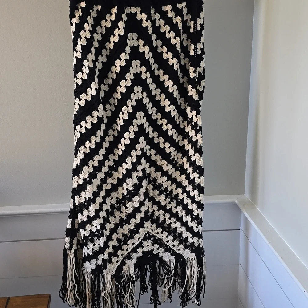 POL Black and White Chevron Curtain with Fringe